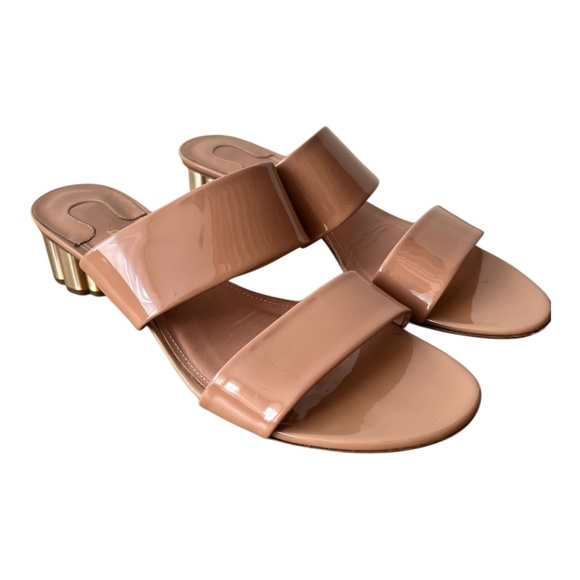 Salvatore Ferragamo Nude Patent Slide with Stacked Gold Chunky Heel Size 10B - Picture 1 of 8